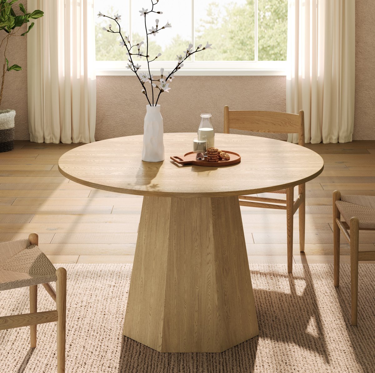 COVREO Eettafel 120x120 cm – rond, eikenkleur, MDF, geschikt voor 4-6 personen
