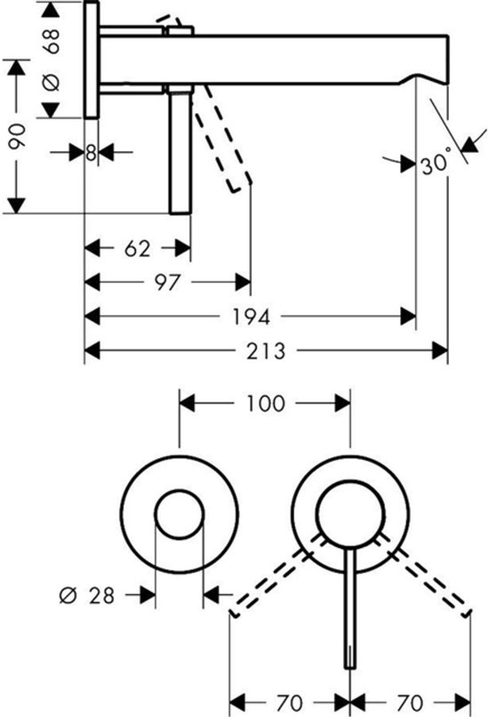 Technische tekening met afmetingen van een matzwarte wandmengkraan.