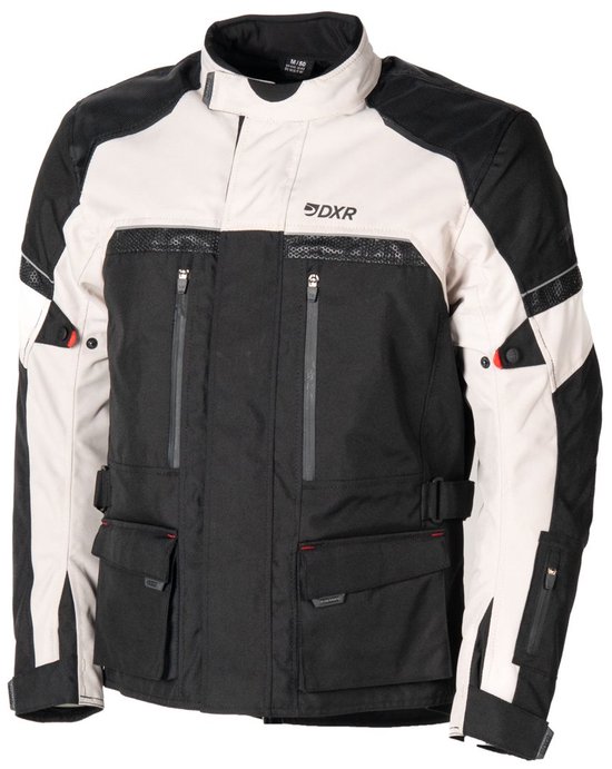 Zwarte motorjas met beige en witte panelen, meerdere zakken en ritsen. DXR logo op de borst.