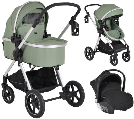 Collage van een lichtgroene kinderwagen, autostoel en losse reiswieg.