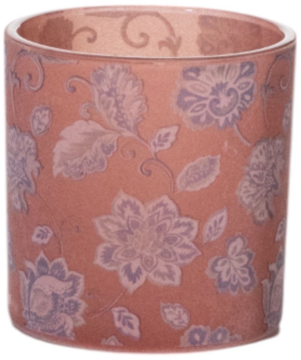 Theelichthouder fluwelen bloemen roze medium 10cm