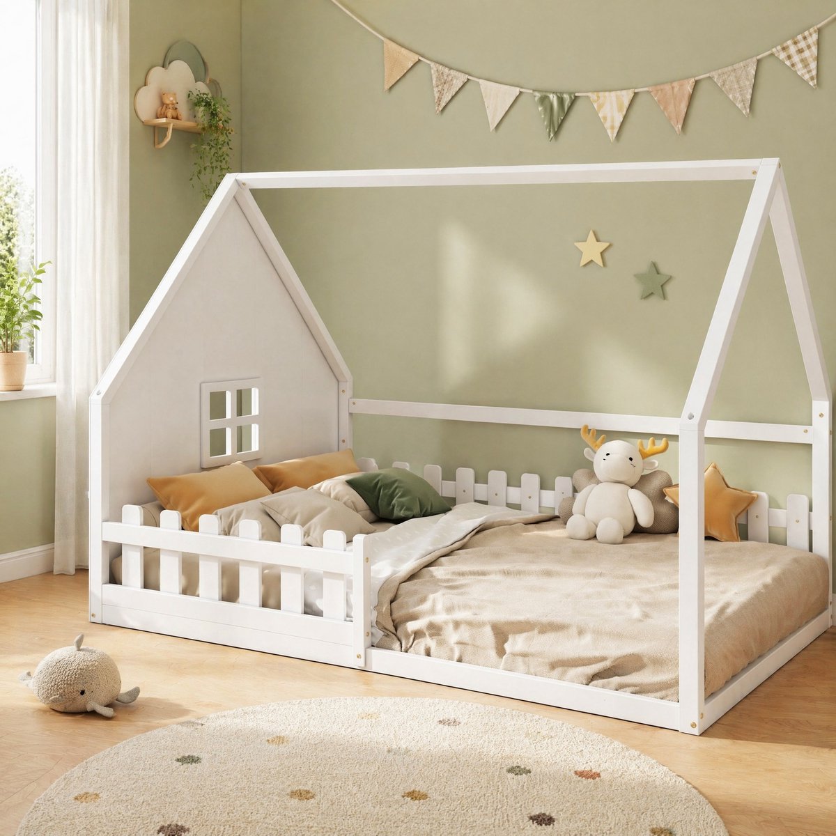 COVREO Kinderbed 204x145 cm - wit, hout en MDF, met huisframe en bedhek