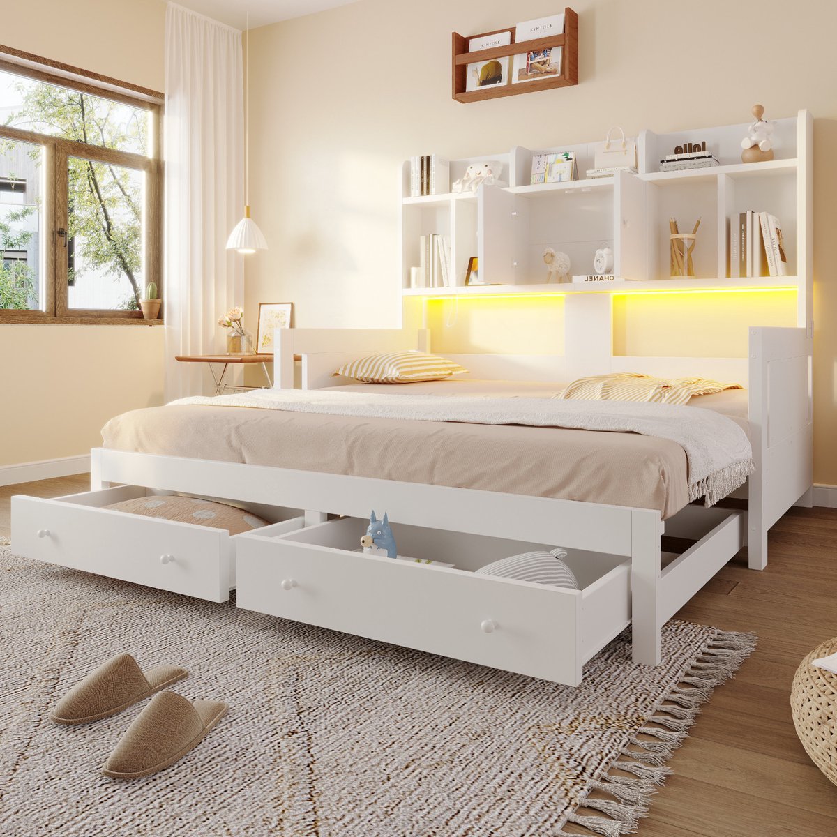 REDOM - Slaapbank - Uitziehbaar bed met lades en open vakken - LED-verlichting en stopcontact - Hout en MDF - Wit - 193,6 x 140 x 97 cm