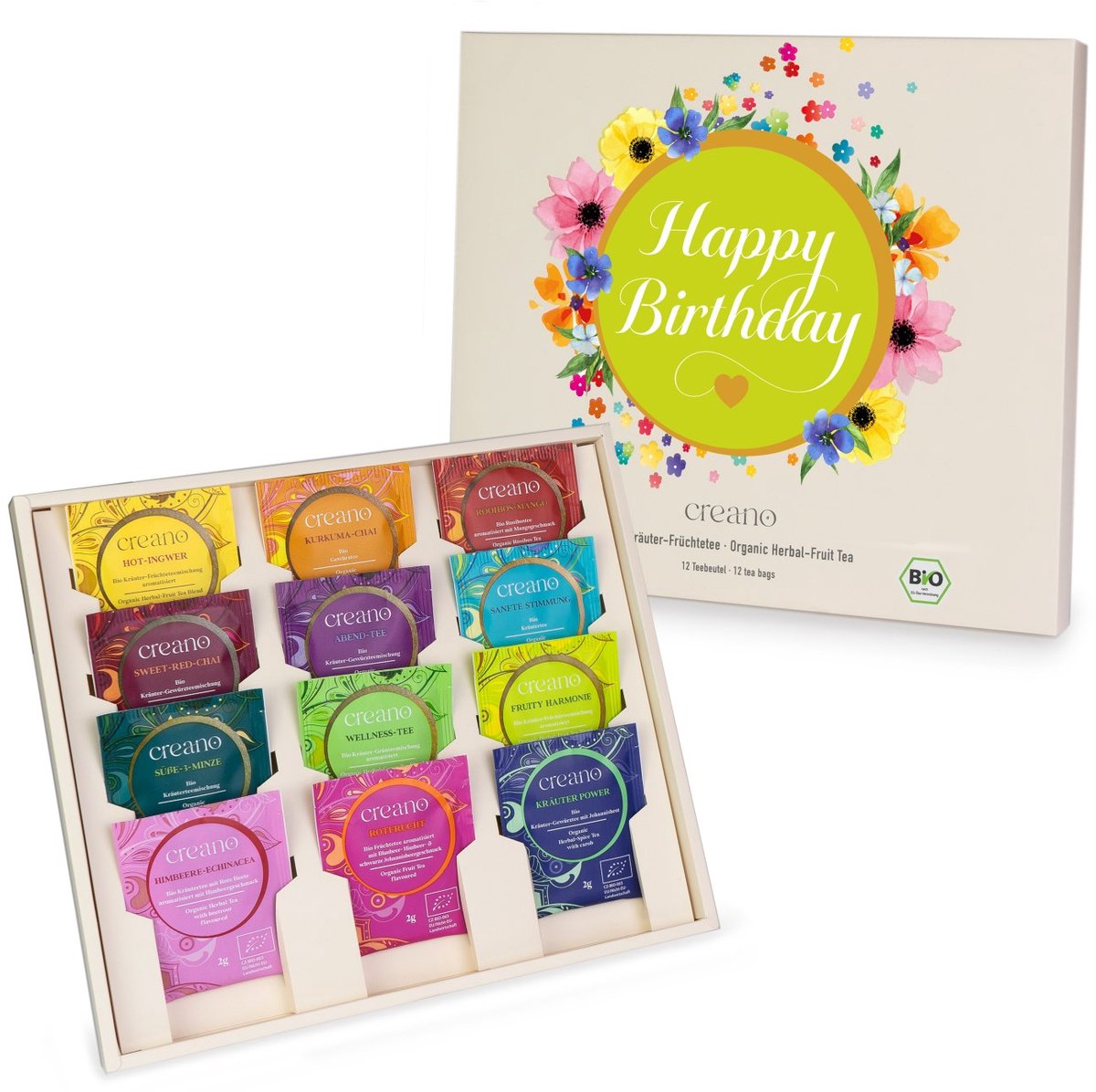 Creano biologische kruidenthee-cadeauset - Happy Birthday - 12x biologische theezakjes 24 g* | 12 soorten kruiden- en vruchtenthee, cadeau voor vrouwen, theeliefhebbers, ORGANIC HERBAL TEA