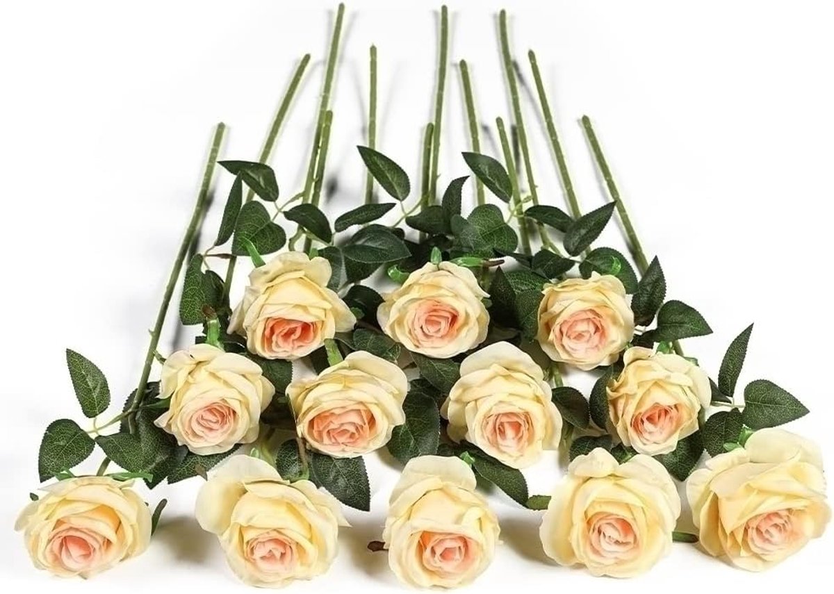 SnelShoppen - 12 Stuks Kunstbloemen Rozen - Realistische Zijde Rozen met Steel voor Bruiloft, Feest, Kantoor en Thuisdecoratie - Champagnekleur - 50 c