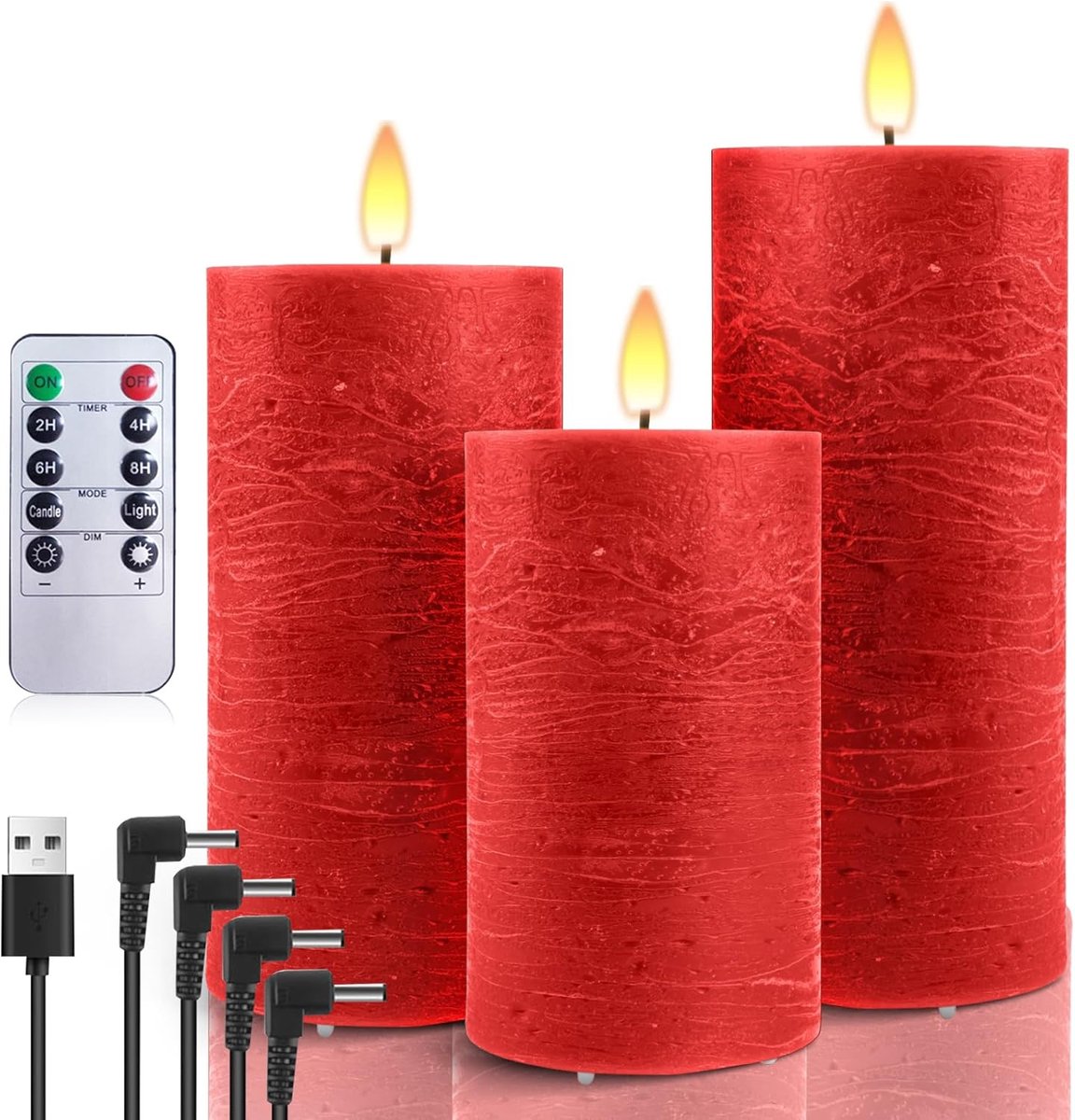SnelShoppen - LED Kaarsen Set van 3 USB Oplaadbare met Afstandsbediening en Timer, Vlamloze Echt Was Pilaren voor Decoratie, Bruiloft - Rood