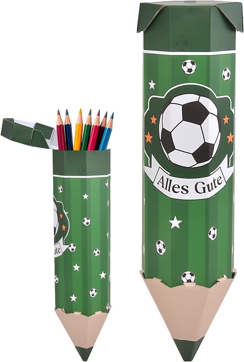 SnelShoppen - Schoolzakje in Potloodvorm, Geschenktas voor Schoolbeginners, Kartonnen Doos met Voetbalthema, Groene Cadeauverpakking voor Eerste Schoo