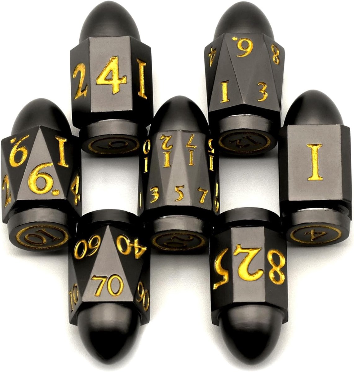 SnelShoppen - D&D Polyhedral Dice Set - Bullet Dice voor Dungeons and Dragons - 7 Stuks - Zwart Goud - Metaal - Perfect voor Role Games en Tafelspelle