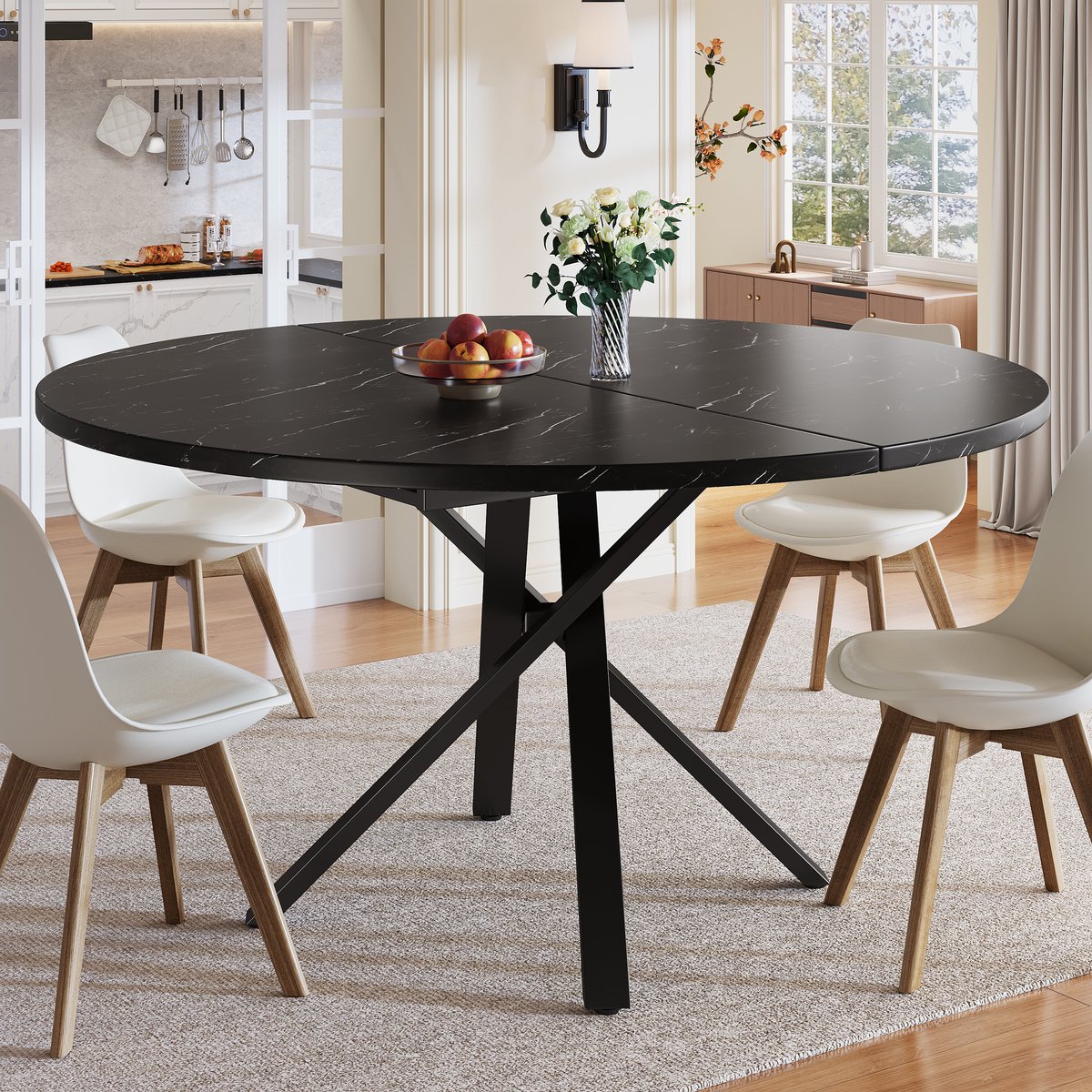 COVREO Eettafel 100-140x100x75,5 cm – zwart, marmerlook fineer MDF blad, metalen X-onderstel