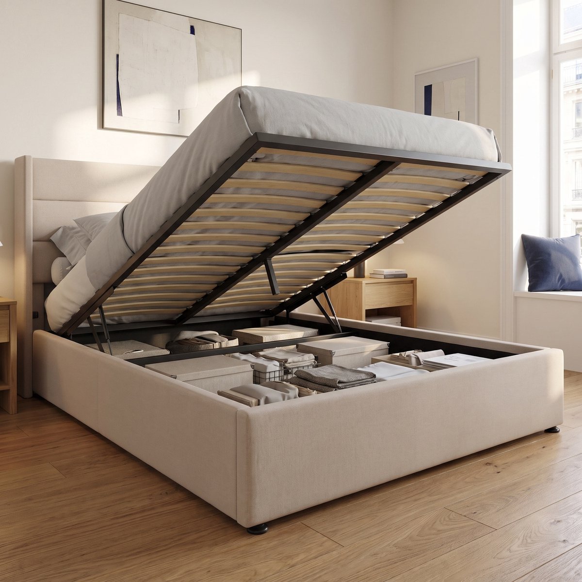 Gestoffeerd Opbergbed 160x200 cm - Tweepersoonsbed - Bed met opbergruimte hydraulisch en lattenbodem - Linnen - Beige