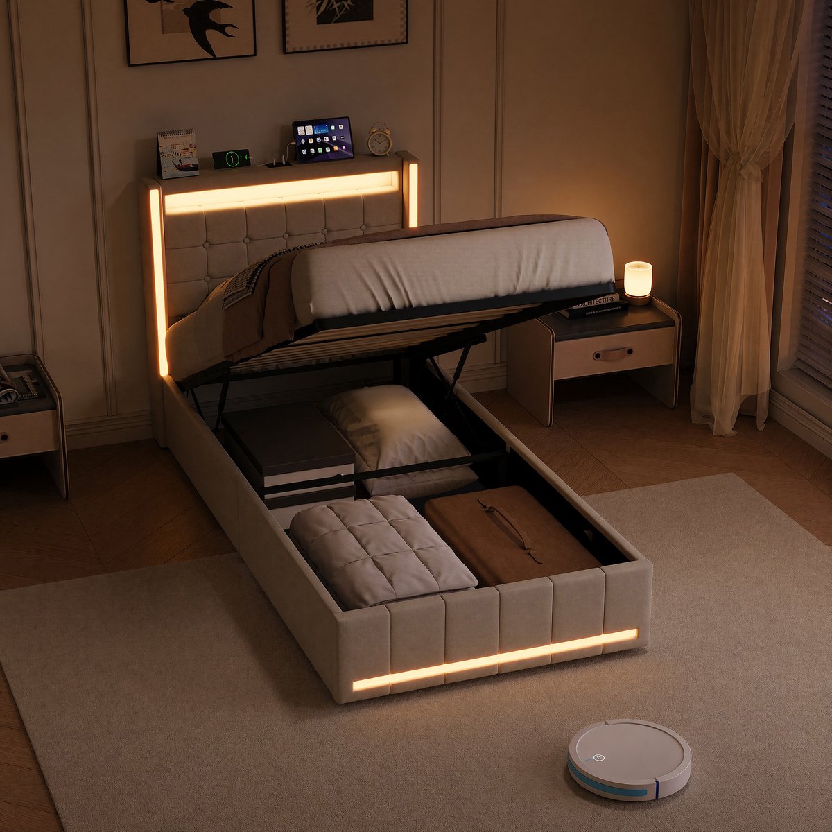Beige Linnen Opbergbed 90x200 cm met Hydraulische Opslag, USB-Laadstation en RGB LED-verlichting - Eenpersoonsbed