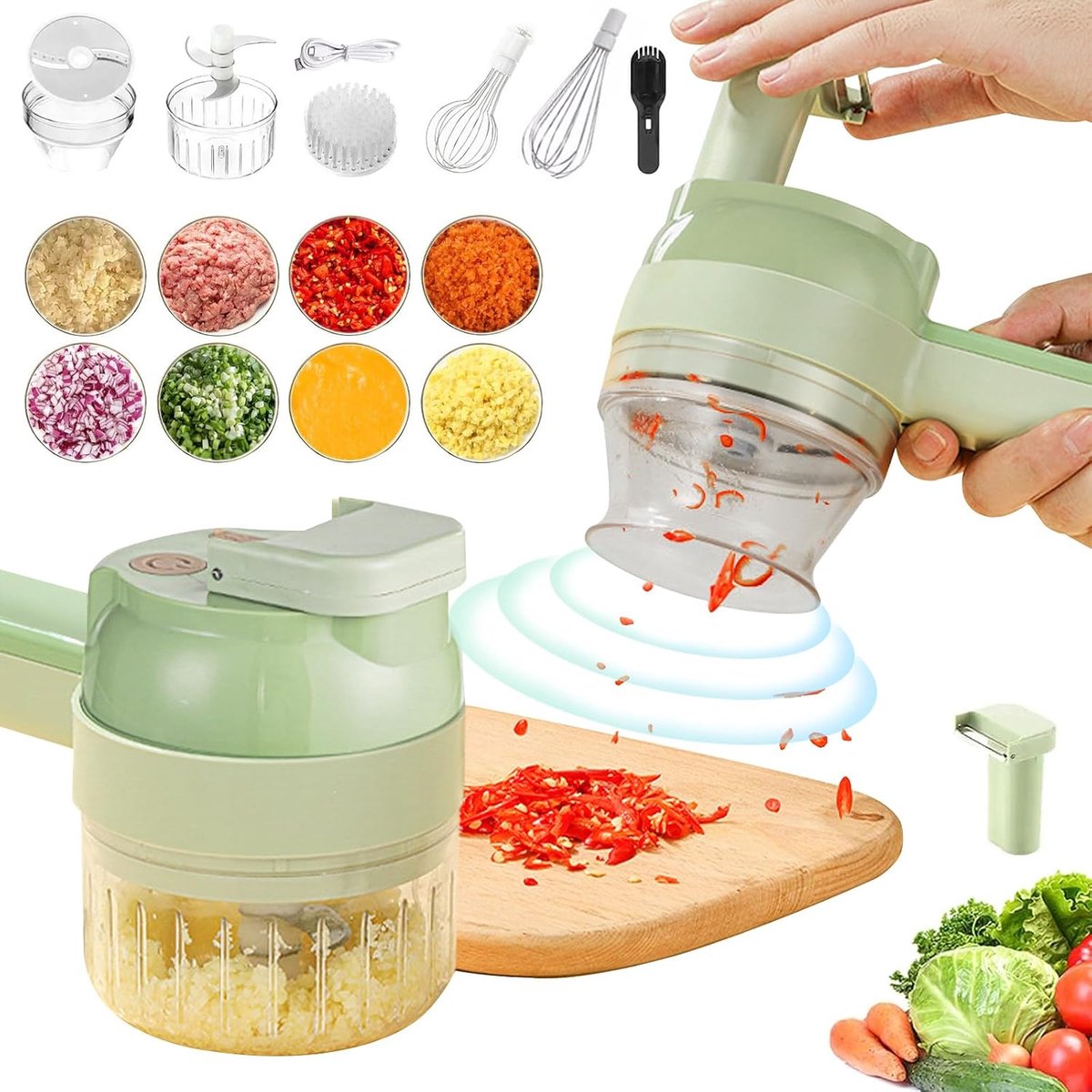 Elektrische Hakmolen - 4-in-1 handbediende elektrische groentesnijderset - Uiensnijder - USB oplaad - Mini Portable Chopper - Multifunctioneel - groentehakker voor in de keuken - voor babyvoeding,knoflook, chilipepers, uien, selderij en gember