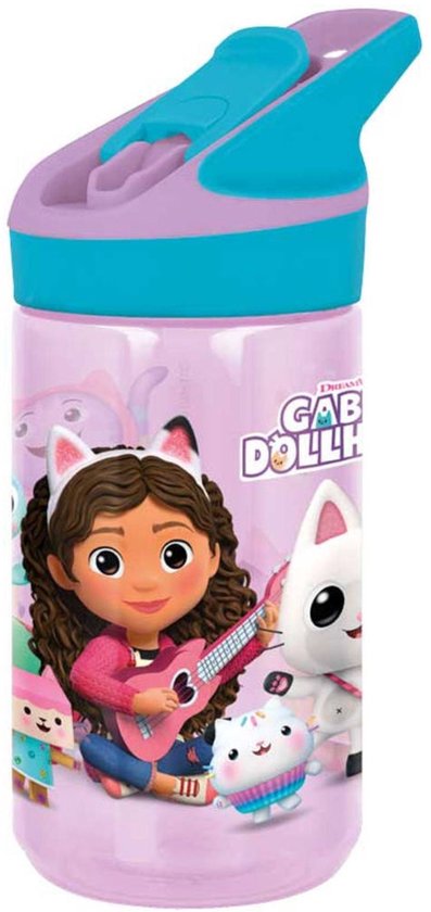 Roze fles met Gabby en Pandy Paws die gitaar spelen. Blauw en paars deksel.