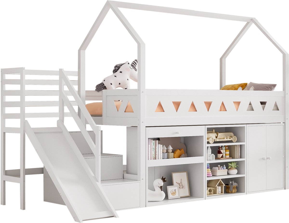 REDOM - Kinderbed - Hoogslaper met glijbaan en trap - Opbergruimte met lades en kast - Massief hout en MDF - Wit - Eenpersoons - 90 x 200 cm