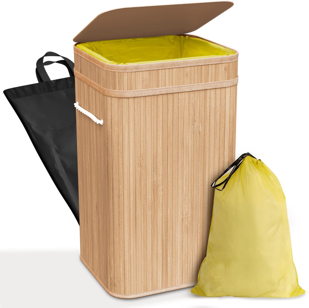 SnelShoppen - Gele Vuilnisemmer van Bamboe 60L met Wasbare Binnenzak - Stabiel Dubbel Versterkt met Deksel - Lichtbruin voor Keuken, Tuin, Feest en Ca