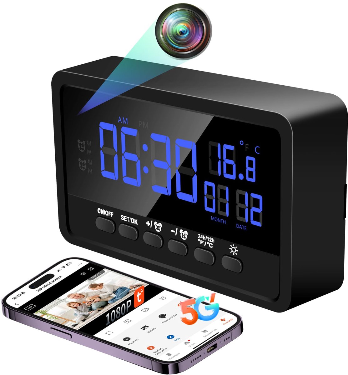 SnelShoppen - Draadloze 5G WiFi Spion Camera met HD 1080P, Mini Verborgen Wekker Camera, 120° Micro Discrete Camera met Nachtzicht en Bewegingsdetecti