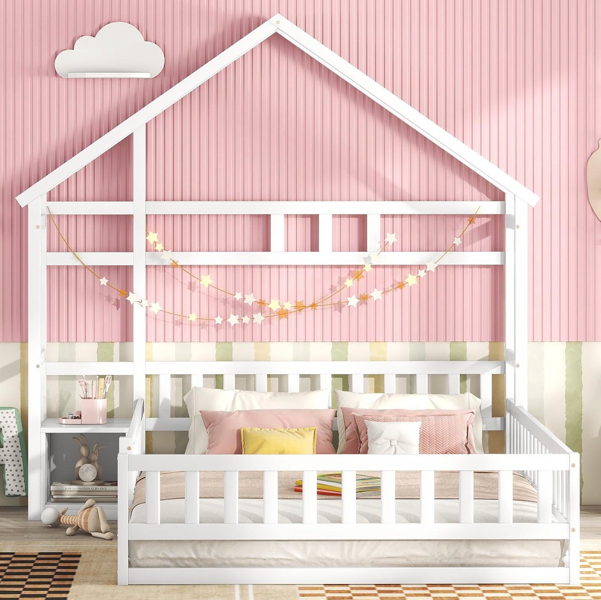 COVREO Kinderbed 140x200 cm – wit, huisvormig bed met zijhek en nachtkastje
