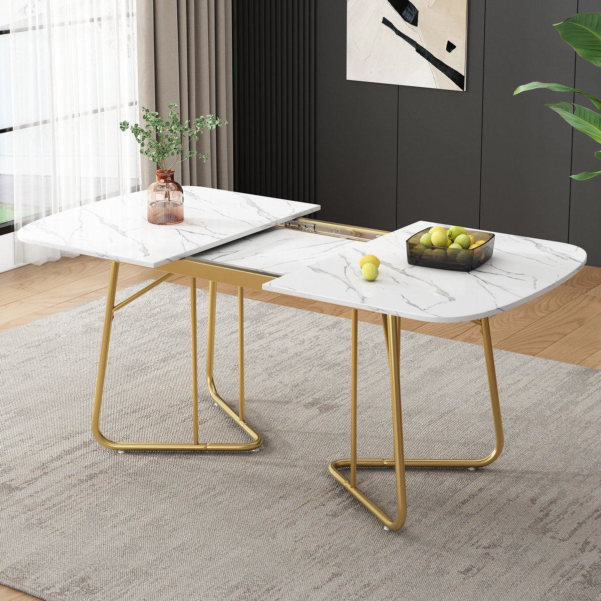 COVREO Uitschuifbare eettafel 140/180 x 80 cm - wit marmerlook fineer, gouden metalen poten, 4-6 personen