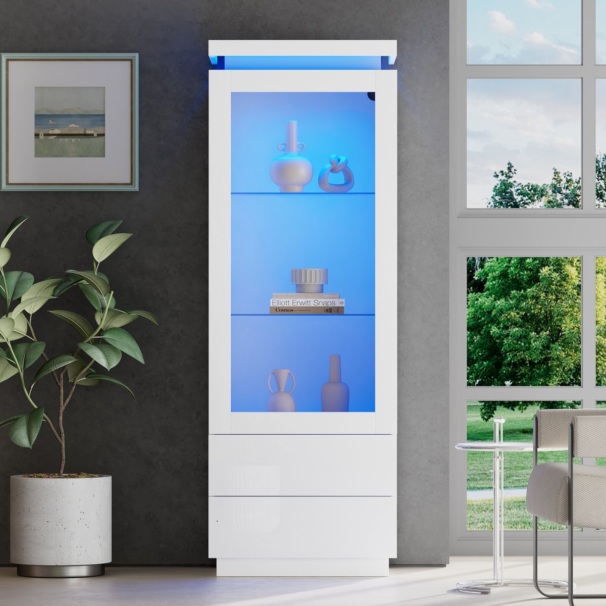 COVREO Vitrinekast 60x40x171 cm – wit, met 2 lades, LED-verlichting en transparante deur