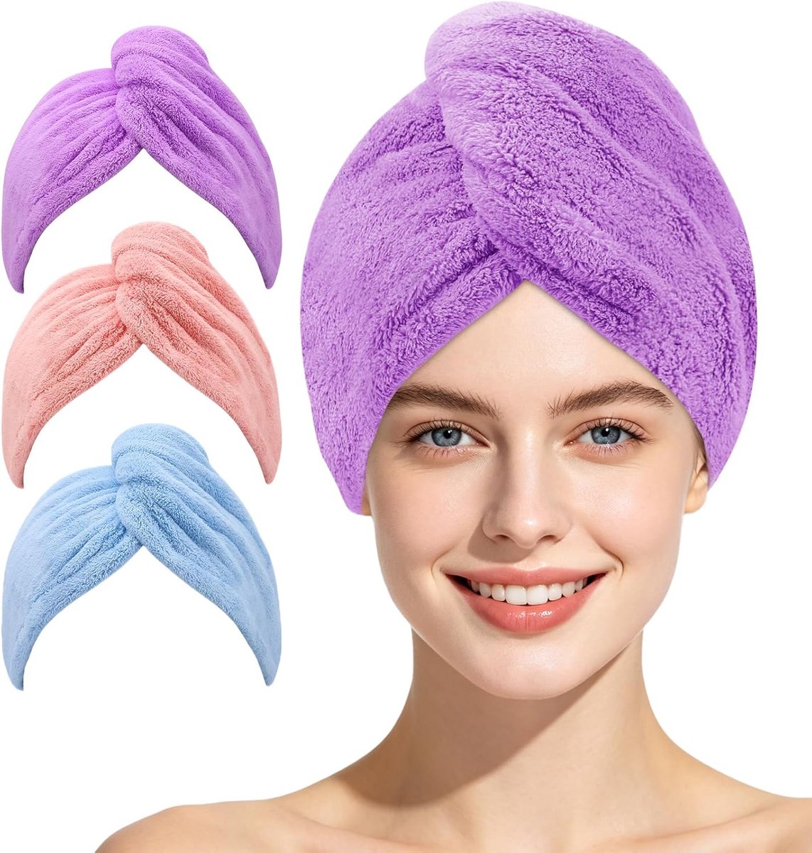 SnelShoppen - 3-Pack Microfiber Haardroogdoek - Sneldrogende Wrap Towel, Super Absorberende Twist Turban, Haar Droogkap met Knoop en Lus - Geschikt vo