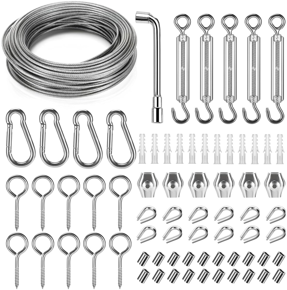 SnelShoppen - Wire Rope 2 mm RVS 35 m Staal Kabel Set met Oogjes en Spanners - Tension Wire Rope Tension Set voor Gordijn Koorden, Waslijnen, Klimplan