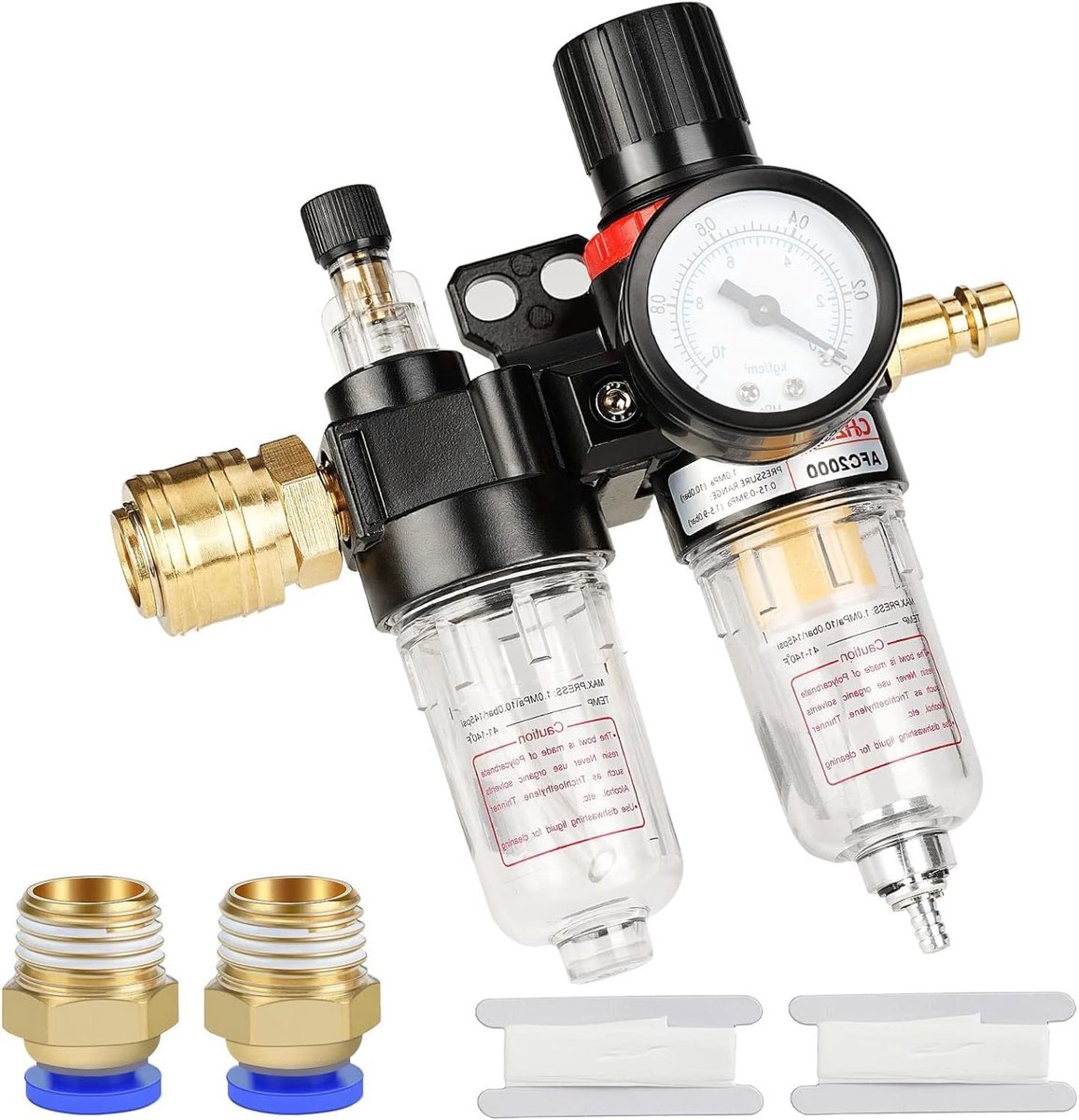 SnelShoppen - 1/4 Inch Gecomprimeerde Lucht Drukregelaar met Water Separator en Drukmeter - Inclusief Koppelingen en Fittingen voor Compressor Accesso