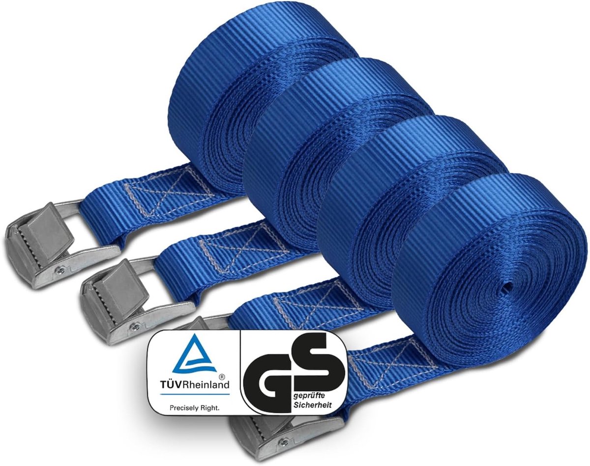 SnelShoppen - Lashing strap bevestigingsband met klemgesp - blauw - 2.5 cm x 6 m - 4 stuks - tot 250 kg - ideaal voor camping, transport, en tuin