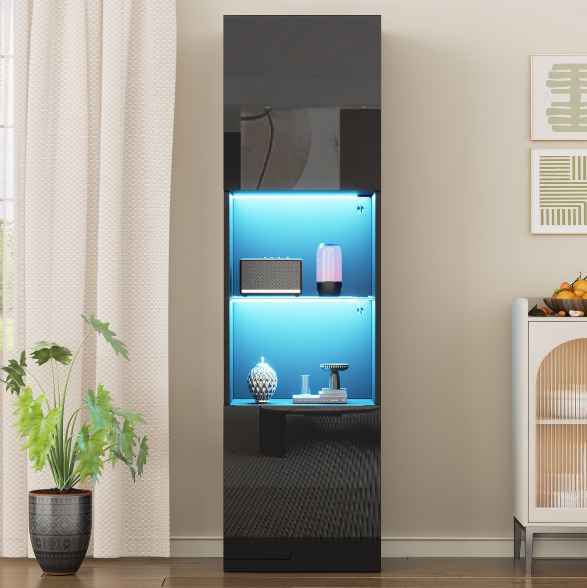 COVREO Vitrinekast 45x35x160 cm – hoogglans zwart, LED-verlichting en glasplank