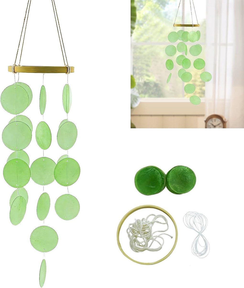 SnelShoppen - Windgong Schelp 73 cm Groen - Handgemaakte Dromenvanger van Natuurlijke Schelpen en Bamboe - Boho Decoratie voor Buiten, Slaapkamer en T
