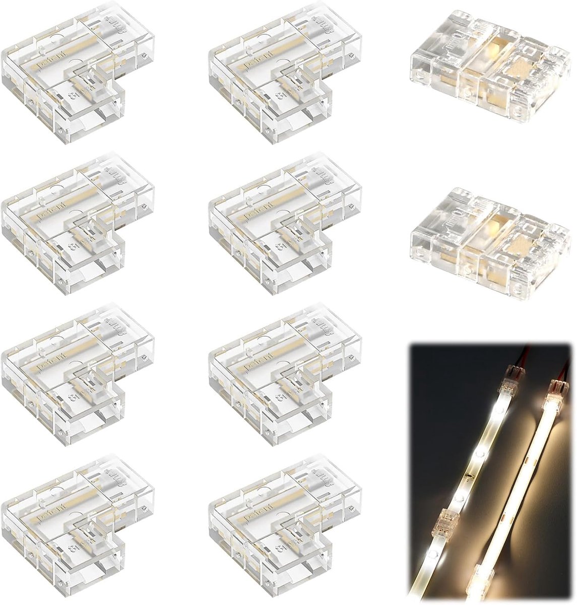 SnelShoppen - COB LED Strip Connector 8mm, 2 Pins, L-vormige Hoek en Rechte Centrale Connectoren, Solderen Vrij voor Niet-Waterdichte LED Strips