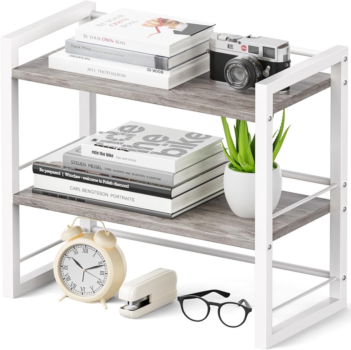 Bureauplank-organizer van hout, opbergrek voor bureau, boekenplank en bureaurek (wit - grijs) voor een opgeruimd werkplek