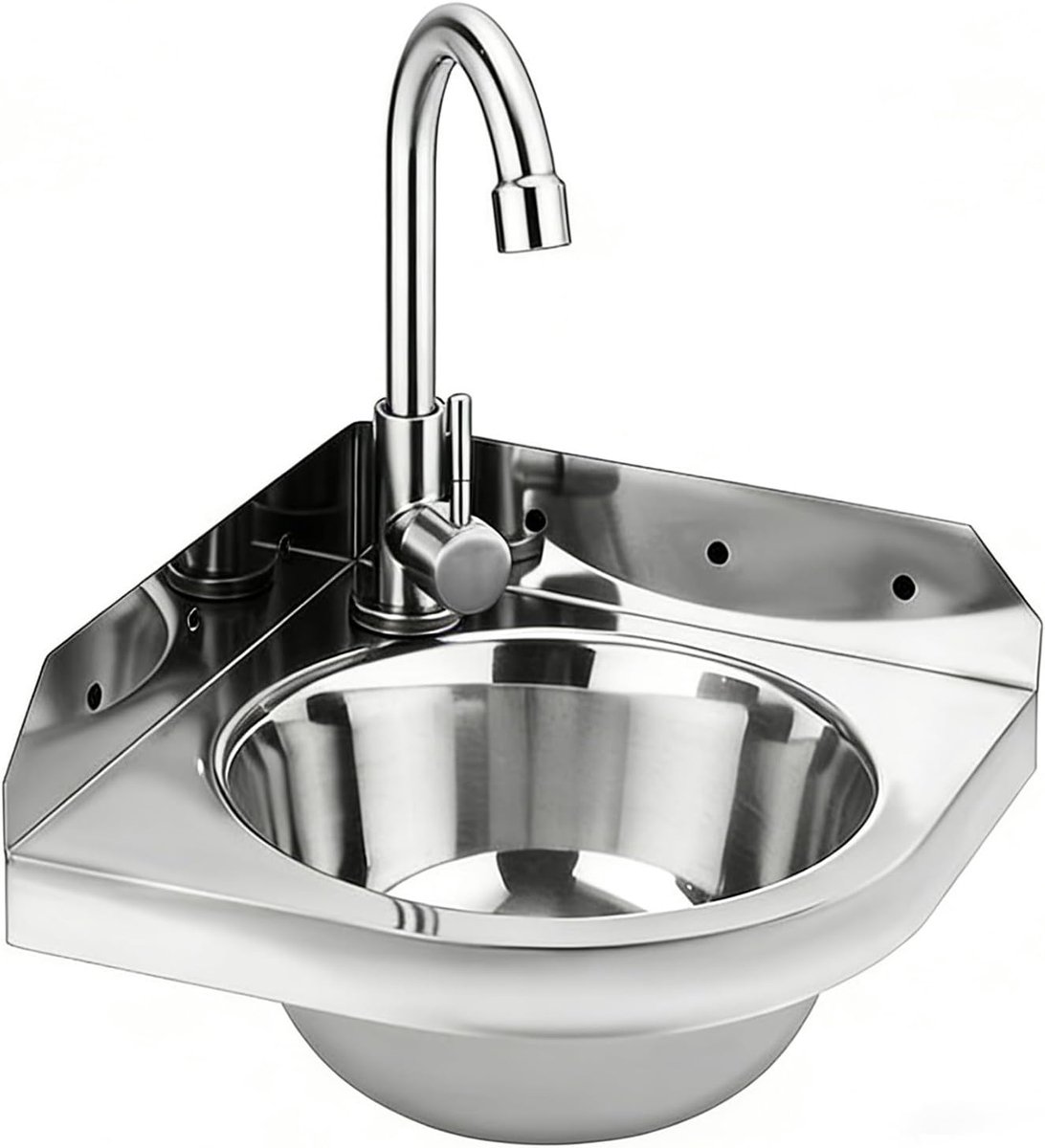 SnelShoppen - RVS Hoekwasbak, Driehoekige Wandgootsteen met Warm en Koud Water Kraan, Ruimtebesparend voor Badkamer, Camper, Boot, Toilet, Garage
