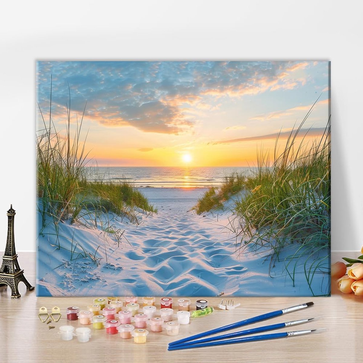 SnelShoppen - DIY Schilderen op Nummer Volwassenen Set - 40x50cm Canvas met Zonsopgang en Zee - Inclusief 3 Penseelset - Perfect voor Ontspanning en C