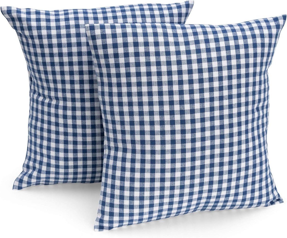 SnelShoppen - Set van 2 Kussenhoezen 40 x 40 cm Donkerblauw/Wit Geruit - Decoratieve Kussens, Sofa Kussens, 100% Katoen voor Woonkamer, Tuin, Patio, F
