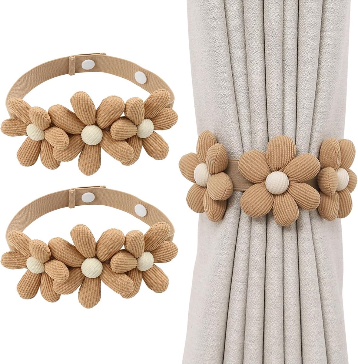 SnelShoppen - Pack van 2 Bloem Motief Elastische Verstelbare Gordijnhouders voor Dikke Zwarteout Gordijnen en Tulle Douchegordijnen in Khaki