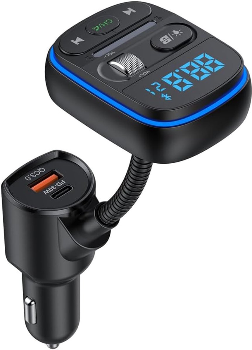 SnelShoppen - Draadloze Bluetooth 5.0 Auto Radio Adapter Ontvanger met BASS en 7 Kleuren Licht, QC3.0 PD 30W Snellader, 32GB U Schijf Muziekspeler