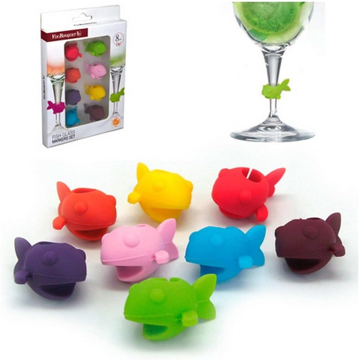 SnelShoppen - Clip Glass Markers Set van 8 Kleurvolle Wijnglas Merkers voor Feest, Herbruikbaar, Vissenvorm, Perfect voor Glazen en Drinkbekers