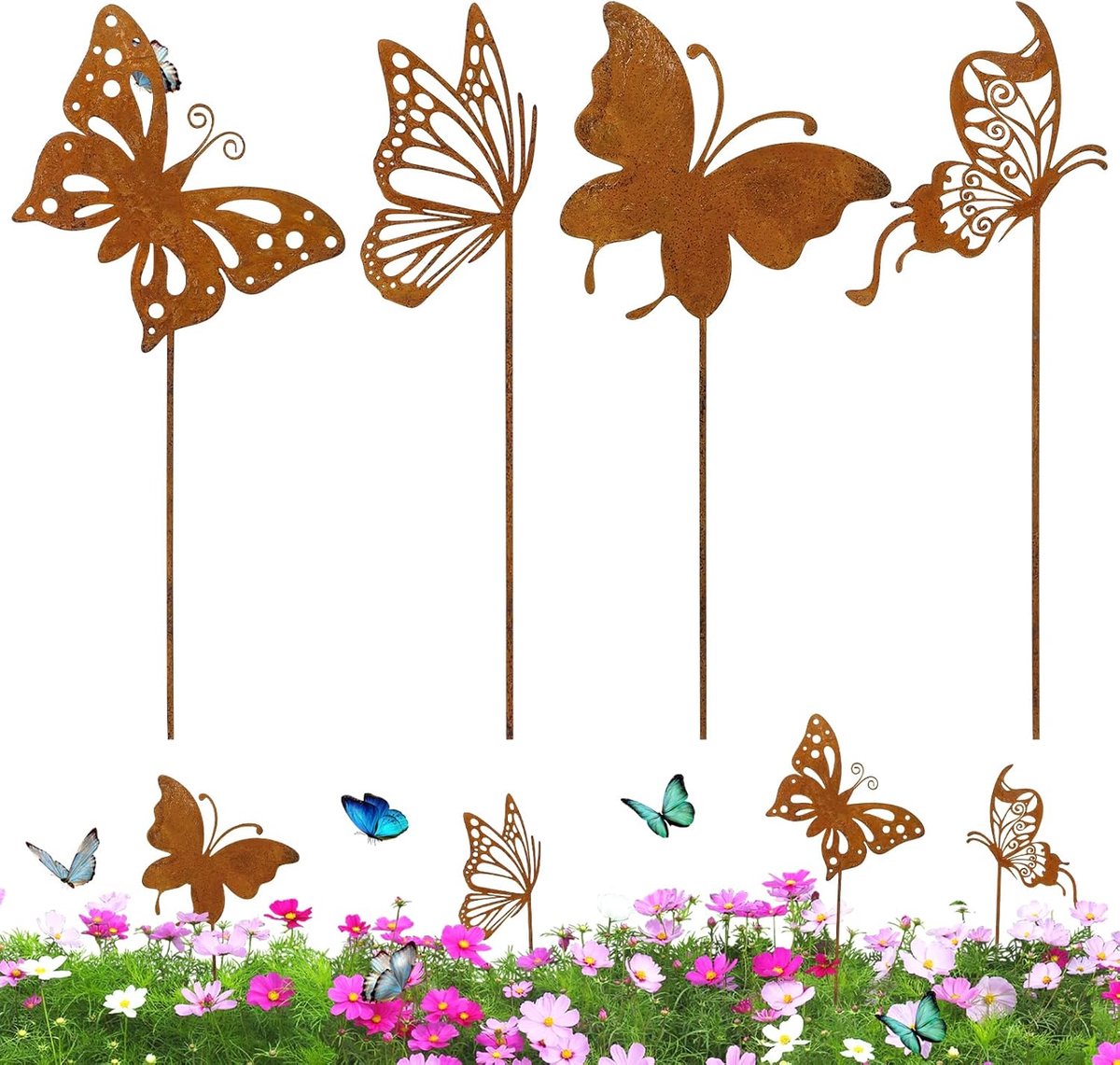 SnelShoppen - Tuinsteker Vlinder - Tuindecoratie Roeststeker van Metaal - 4 Stuks - Perfect voor Bloempot, Terras en Balkon - Weerbestendig en Tijdloo