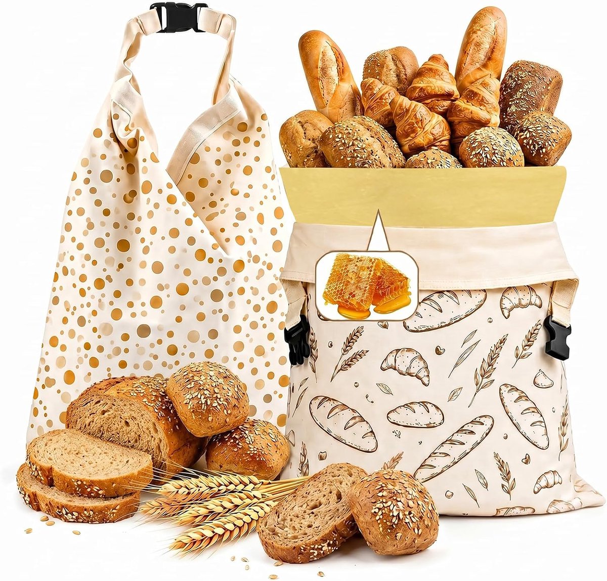 SnelShoppen - Bijenwas Broodzakjes Set van 2 XXL Linnen (33 x 43 cm) voor Broodopslag, Herbruikbare Broodzak voor Zuurdesem, Knapperige Korst, Duurzaa
