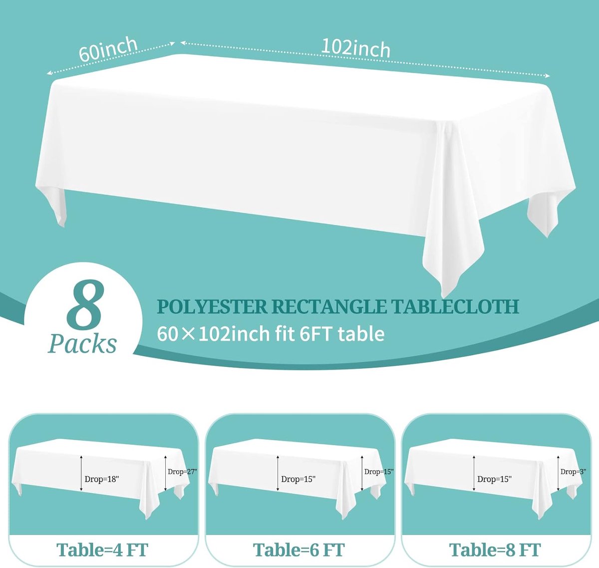 SnelShoppen - Set van 8 Rectangulaire Tafelkleden 153 x 260cm - Wasbare Polyester Tafelkleed voor 6 Voet Rectangulaire Tafels - Wit - Perfect voor Bru
