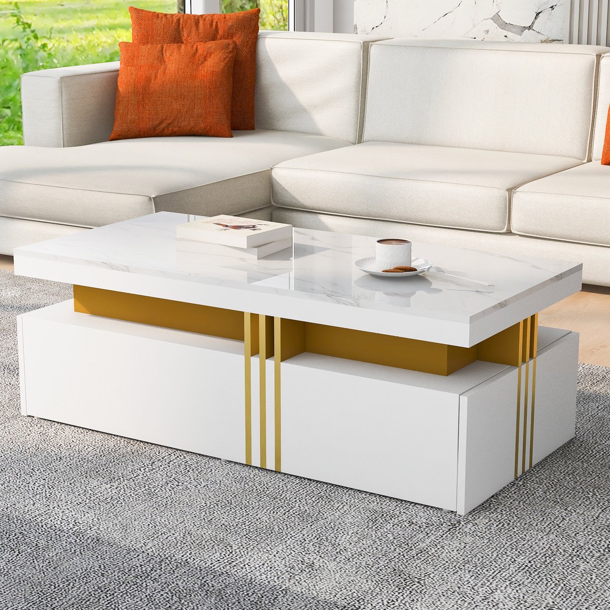 COVREO Salontafel 100 x 50 x 40 cm – wit hoogglans, marmereffect, 2 lades