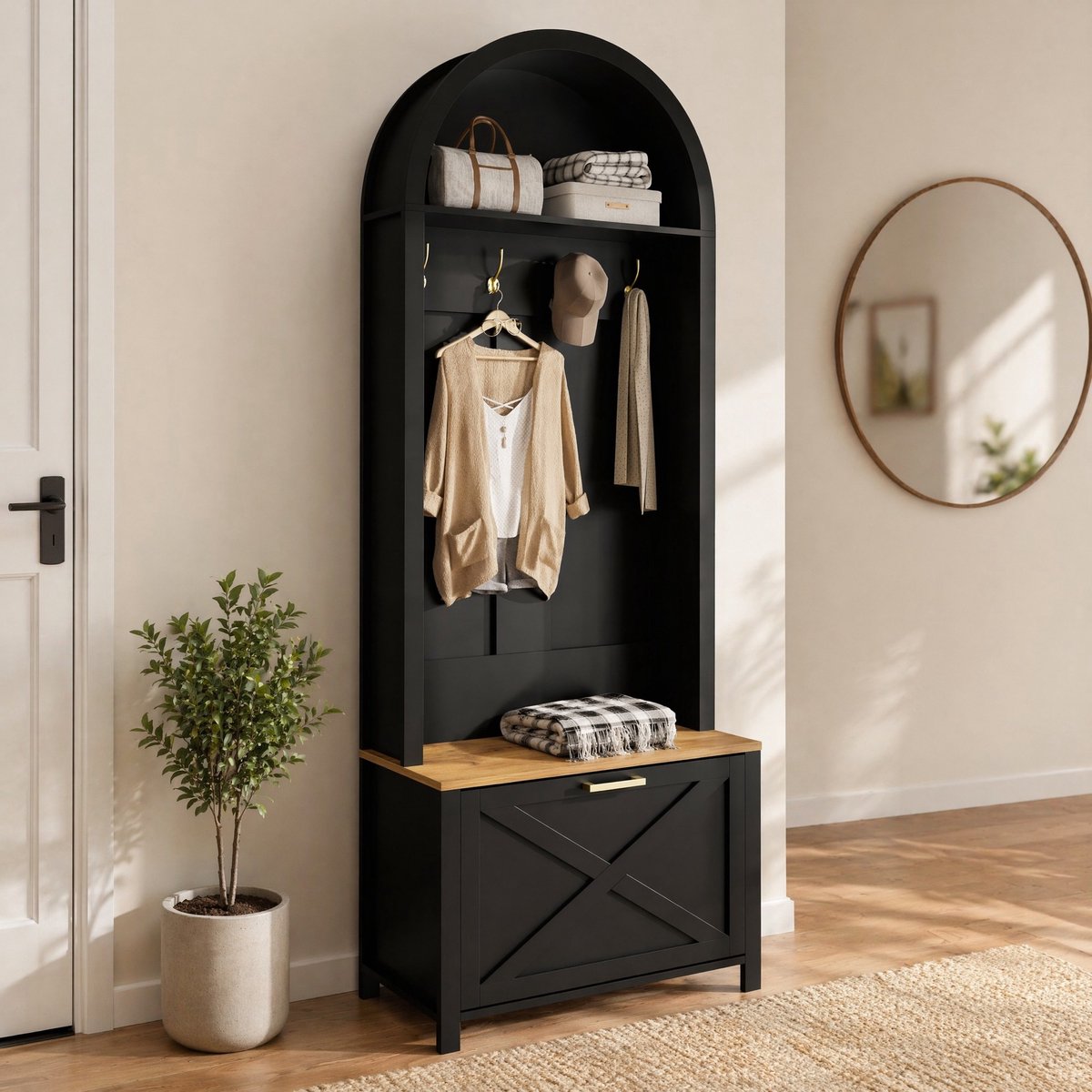 COVREO Halmeubel 75x35x195 cm – zwart en houtkleur, met haken, schoenenkast en opbergrek
