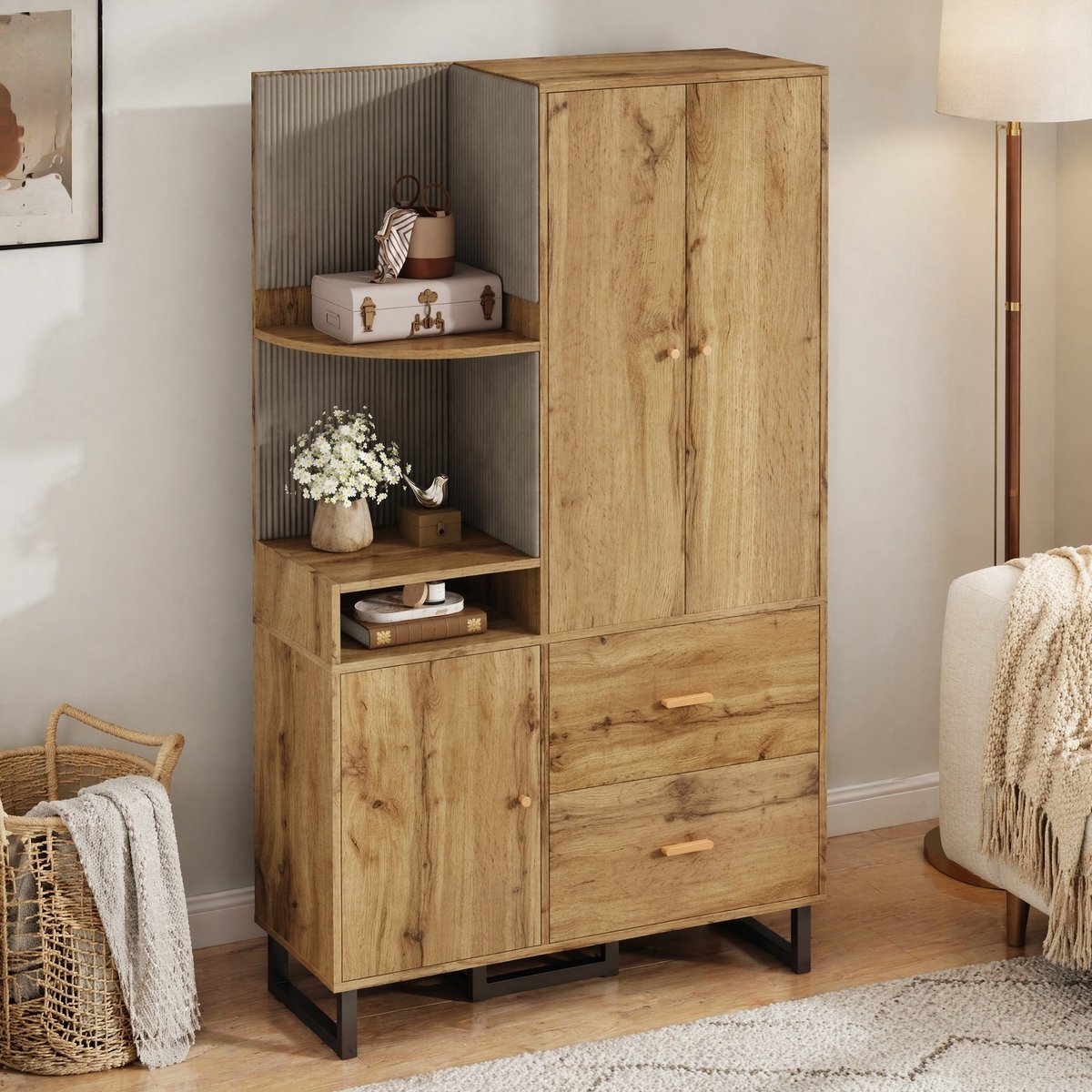 Kompaktgarderobe 110 x 186 x 38 cm - naturel zwart, met lades en hanggedeelte