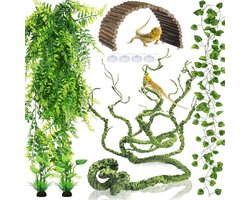 Reptielen Terrarium Decoratie - Kunstplanten en Houten Bruggen - Groen - Klimranken - Geschikt voor Hagedissen en Slangen - Terrarium Acc...
