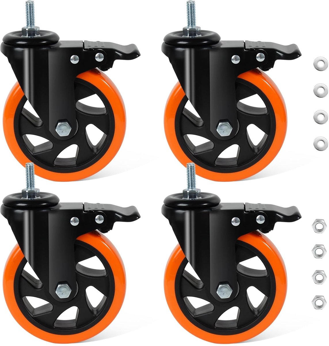 SnelShoppen - 125mm Zware Dubbel Gelagerde Meubelwielen met Rem - 10mm x 25mm (3/8"-16 UNC) Polyurethaan Transportwielen - 700kg Laadvermogen - Oranje