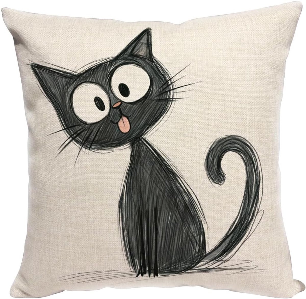 SnelShoppen - Black Cat Spit Tongue Kussenhoes 40x40cm Cartoon Decoratie voor Sofa, Kussenhoezen voor Woonkamer, Slaapkamer, Kantoor, Patio, Porselein