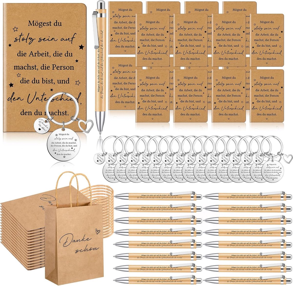 SnelShoppen - 16-delige leraar bedankt set, mini notepads, sleutelhangers, balpennen, cadeauzakjes, motivatie geschenken voor collega's, vrienden, fam