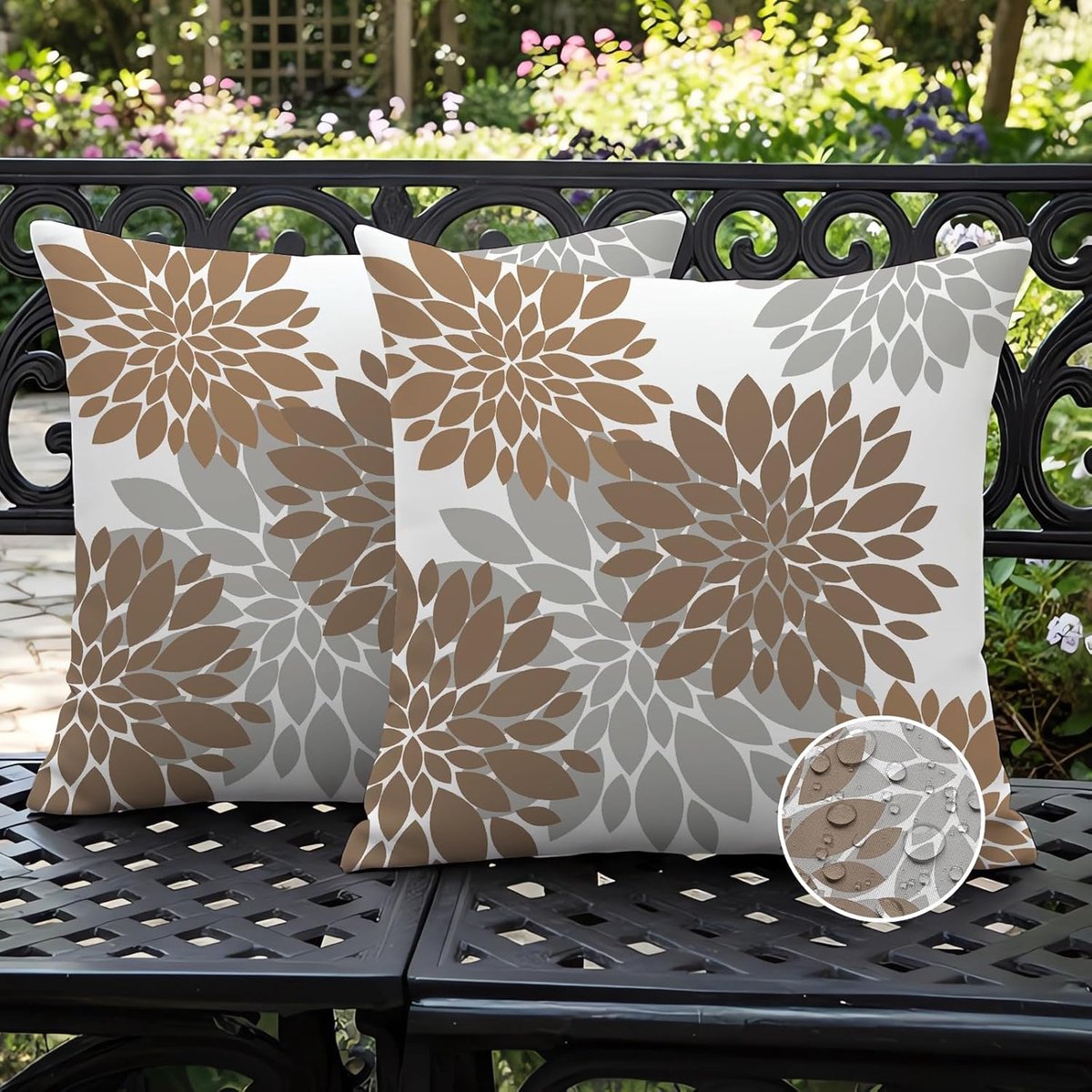 SnelShoppen - Set van 2 Waterdichte Buiten Kussenhoezen 40x40 cm Bruin Grijs Met Dahlia Motief - Decoratieve Kussens voor Tuin, Patio, Sofa, Feest, Ca