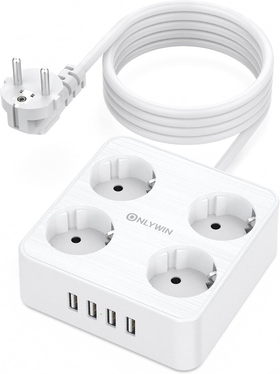 SnelShoppen - Power Strip 4-Way met 4 USB-poorten, Wandmontage, 10 A Overload Bescherming, Meerdere Stopcontacten, Compact Opladen voor Thuis, Kantoor