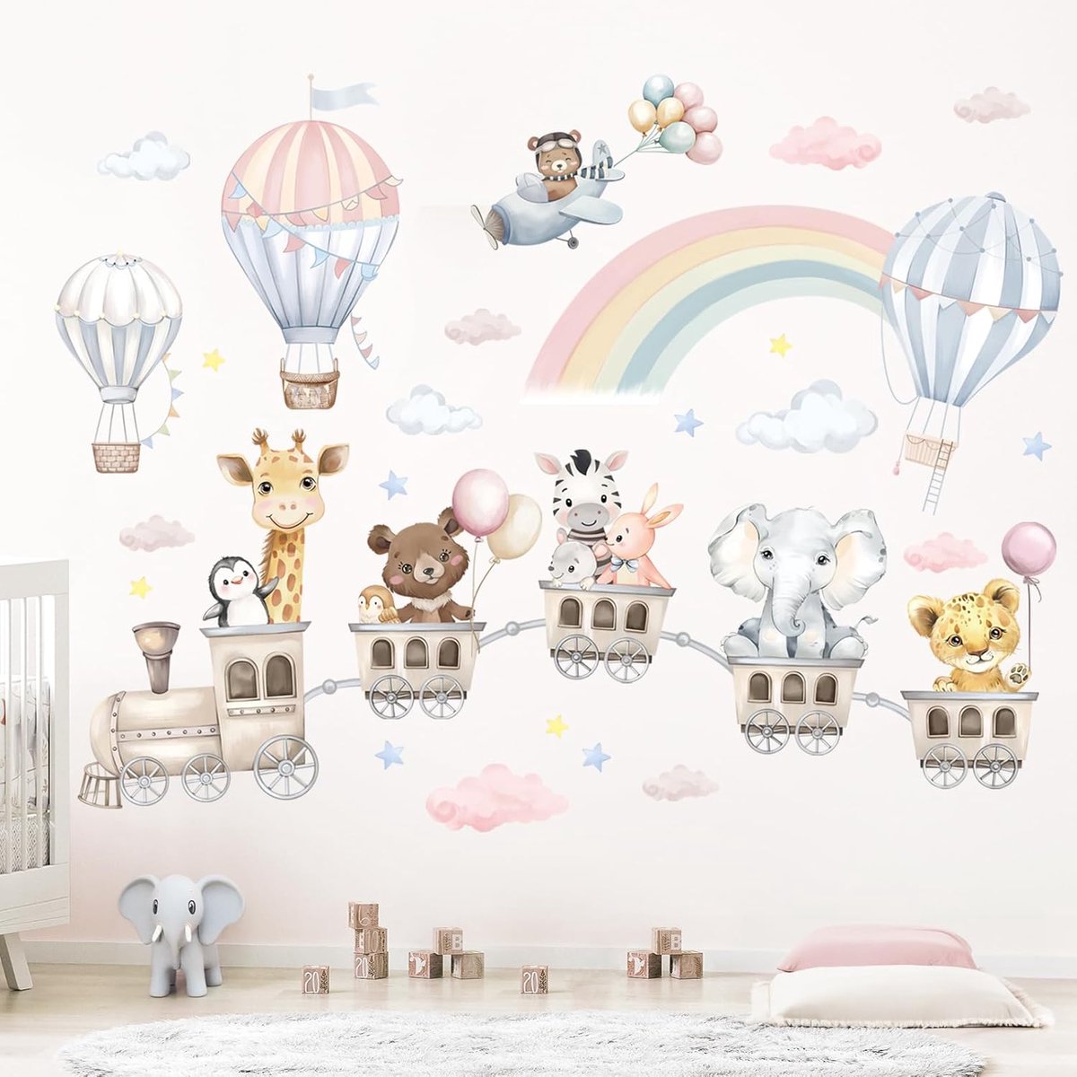 SnelShoppen - Wandsticker Dieren Trein Luchtballon Beertje Olifant Giraffe Regenboog Wanddecoratie voor Kinderkamer Babykamer - 2 Bladen 30x90 cm